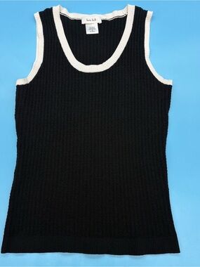 Kate Hill Black Ribbed Knit Sleeveless Sweater Tank with White Trim Size Small